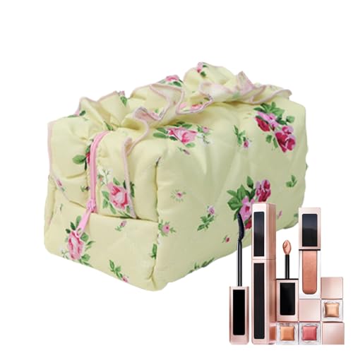 Gesteppte Kulturtasche | Blumenaufbewahrung mit Rüschen | Eleganter Make-up-Organizer mit Reißverschluss | Tragbare Reise-Make-up-Tasche für Mädchen und Frauen | Fall, gelb, Se référer au descriptif von Générique