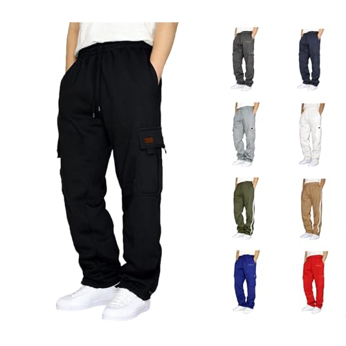 Herren Cargohose Sport Jogging Casual Trainingshose Elastischer Gürtel Baumwolle Baggy Jogger Multi Taschen Große Größe 2023 Herbst Winter, A-Schwarz, 58 von Générique