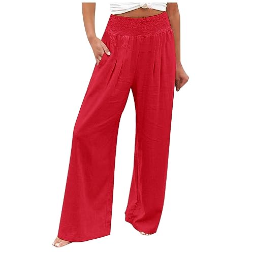 Hose aus Baumwolle und Leinen für Damen, Hose mit Taschen, elastisch, lässig, Sommer, locker, einfarbig, weite Hose, Damen, Retro, elegant, bequem, atmungsaktiv, lange Hose, rot, Medium von Générique