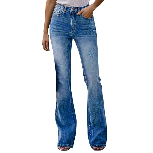 Jeans Regular Fit Stretch Damen Jeans mit weitem Bein Stretch Reißverschluss aus elastischem Denim mit Tasche Frauen Solide Locker Bein gerade Palazzo, blau, 36 von Générique