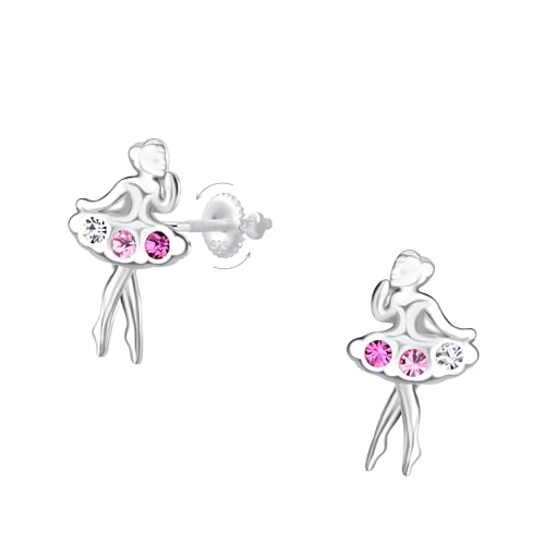 Kinder Ohrringe Tänzerin Fee Silber 925 mit rosa und weißen Kristallen - exquisiter Schmuck mit sicheren Schraubverschlüssen - Elegantes Feengeschenk für Mädchen von Générique