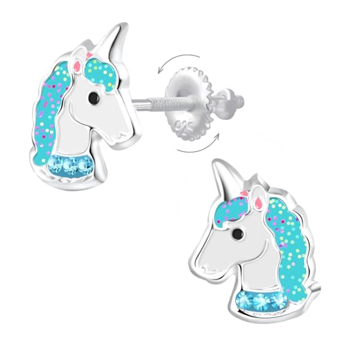 Kinder-Ohrstecker Einhorn 925 Silber Hypoallergen Farbdesign mit funkelnden blauen Steinen Sicherer Schraubverschluss Feenschmuck ideales Geschenk für Mädchen Geburtstag oder Party von Générique