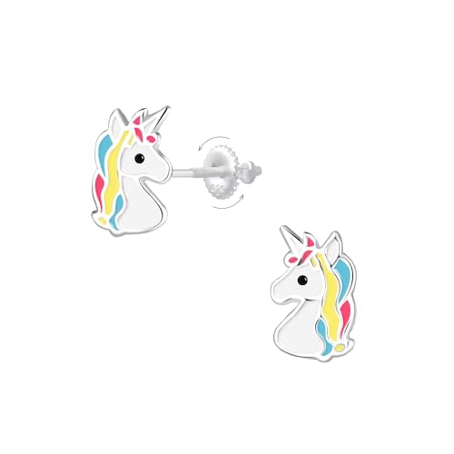 Kinder-Ohrstecker Einhorn Regenbogen aus 925er Silber Hypoallergen - Sichere Schraubverschlüsse - Nickel- und Bleifrei - Feenmädchen Schmuck - Geschenkidee zu Weihnachten oder Geburtstag von Générique