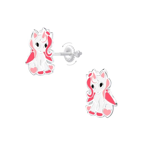 Kinder-Ohrstecker Einhorn rosa aus 925er Silber - Sichere Schraubverschlüsse - Nickel- und Bleifrei - Feenmädchen Schmuck - Geschenkidee zu Weihnachten oder Geburtstag von Générique