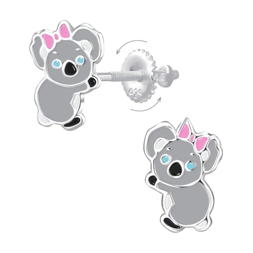 Kinder-Ohrstecker Koala grau mit rosa Schleife aus 925er Silber - Hypoallergen - Sichere Schraubverschlüsse - Nickel- und Bleifrei - Niedlicher Mädchenschmuck - Geschenkidee zu Weihnachten oder von Générique