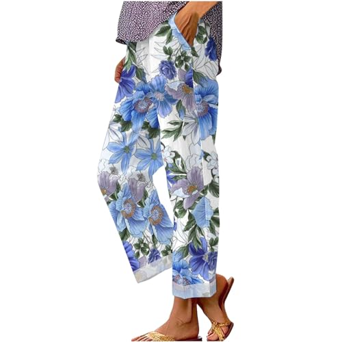 Leichte Hose für Damen, Sommer, elastischer Bund, große Größe, Pyjamahose, 7/8, modisch, schick, mit Kordelzug, für Frühling und Sommer, Freizeit, lässig, fließend, Retro, gerade Hose, blau, 48 Leichte Hose für Damen, Sommer, elastischer Bund, große Größe, Pyjamahose, 7/8, modisch, schick, mit Kordelzug, für Frühling und Sommer, Freizeit, lässig, fließend, Retro, gerade Hose, blau, 48 von Générique