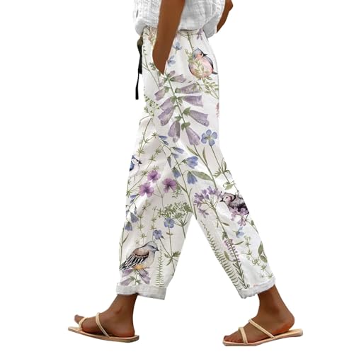 Leichte gerade Hose für Damen, Sommer, elastischer Bund, günstig, Pyjamahose, 7/8, Blumendruck, schick, mit Kordelzug, Hose, Sommer, Arbeit, lässig, leicht, Retro, gerade Hose, weiß, Small Leichte gerade Hose für Damen, Sommer, elastischer Bund, günstig, Pyjamahose, 7/8, Blumendruck, schick, mit Kordelzug, Hose, Sommer, Arbeit, lässig, leicht, Retro, gerade Hose, weiß, Small von Générique