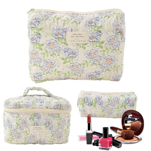 Make-up-Tasche mit Blumen – Kosmetiktasche, gesteppt, 3 Stück, gesteppt, Kosmetik, Reisen, für Frauen, Blue Flower Large Handbag + Medium + Small, Se référer au descriptif, Siehe Beschreibung von Générique