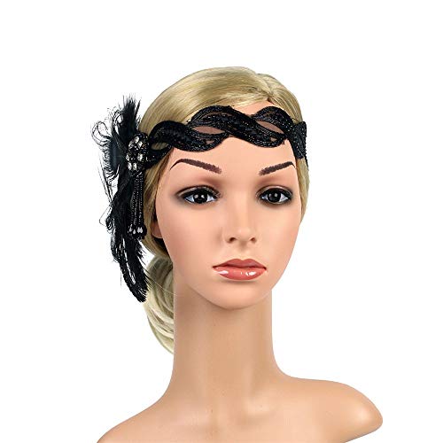 New 2024 Fashion Headpiece Great Flapper Headband Vintage 1920er Jahre Headband Headdress Abendkleid Kurz (Schwarz, One Size) von Générique