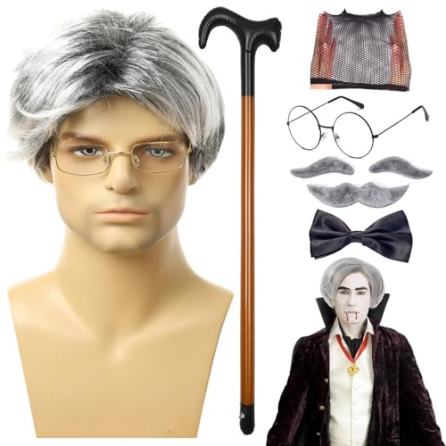 Old Man Perücken-Set, Old Mann, Cosplay, Perückenkappe mit Brille, künstliche Augenbrauen, Schnurrbart, Fliege, 8 Stück/Set | Hallowe-Kostüm von Générique