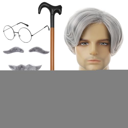 Old Man Perücken Set | Old Man Cosplay | 8-teiliges Opa Kostüm / Set für Männer, Erwachsenengröße | Gehstockperücke, Brille, falsche Augenbrauen, Schnurrbart von Générique