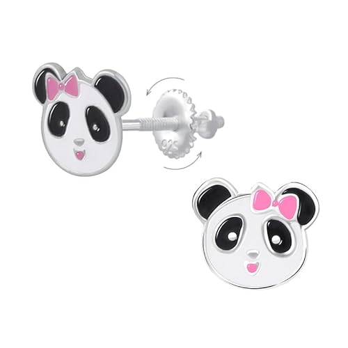 Pandakopf Ohrringe mit rosa Schleife 925 Silber Mädchen - Niedlicher Kinderschmuck Hypoallergen mit sicheren Schraubverschlüssen - Geschenk zum Geburtstag oder Weihnachten von Générique