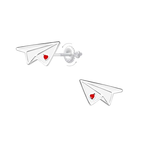 Papier-Flugzeug-Ohrringe mit Herz aus hypoallergenem 925er Silber - Sichere Schraubverschlüsse - Nickel- und Bleifrei - Origineller Kinderschmuck - Geschenkidee zu Weihnachten oder Geburtstag von Générique
