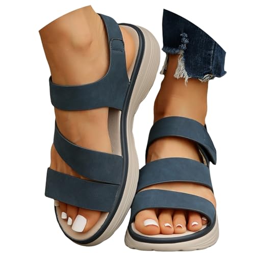 Plateau-Sandalen für Damen, Barfuß, bequem, orthopädisch, Sandalen, Sommer, flach, atmungsaktiv, dicke Sohle, Keilabsatz, Sandalen, Sommerschuhe, Damen 2025, blau, 38 EU von Générique