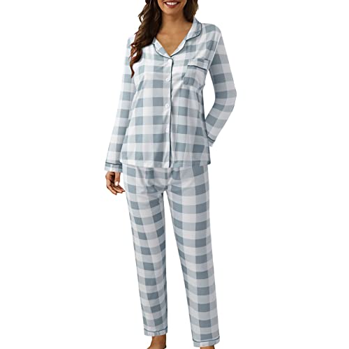 Pyjama für Damen, Sommer, warm, für den Winter, für den Innenbereich, 2023, Nachtwäsche, 2-teilig, bequem, Nachtwäsche, Schlafanzug, Langarm, lange Hose, Baumwolle, Sleepwear, blau, 42 von Générique