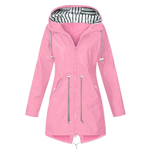 Regenmantel für Damen, große Größe, wasserdicht, ultraleicht, mit Kapuze, mit Taschen, winddicht, gefüttert, Blazer, Outdoor, Jacke, Reißverschluss, Laufen, dicker Regenmantel, Rosa, 48 von Générique