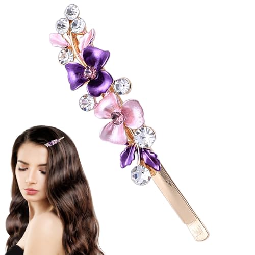 Retro-Blumen-Haarspange – lang, glatt, lockig | Haarspangen aus glitzerndem Strass für Damen | Silver Crystal Metal Alligator Clips, Floral Duckbill Hair Clips, Bling French Fancy Hair Bar von Générique
