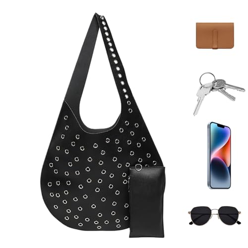 Y2K Umhängetasche Nieten Damen Umhängetasche | Hohle Umhängetasche | Punk Style Tote Bag | Nieten Tote Bag | Leder Tote Bag mit Punk | Modische Tasche, Schwarz , Se référer au descriptif von Générique