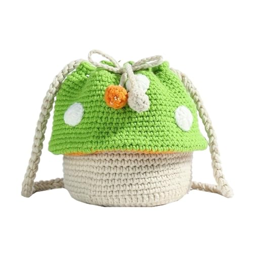 1 x süße kleine Pilzmuster-Flammengewebte, handgehäkelte Kreuz-Umhängetasche für Damen, Plüsch-Geschenk, grün, 17x14x12cm von Generisch