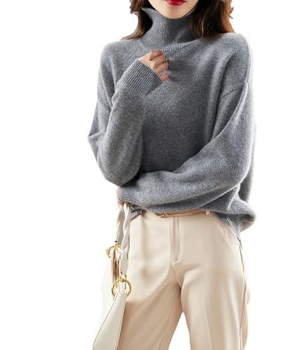 100% Kaschmir Pullover Rollkragen Damen Winter Warm Lose Verdicken Strickpullover, Pnnrk, L von Generisch