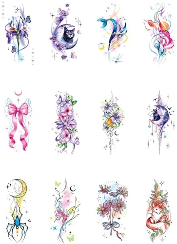 12 Blätter/Aquarell Blume temporäre Tattoos for Frauen Mädchen gefälschte Tattoos Aufkleber for Körperkunst Arm Bauch(Set 03) von Generisch