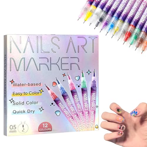 12 Colors Nail Art Pens Set, 3d Nail Polish Pens Quick Dry Graffiti Dotting Point Liner Pen Drawing Painting for Nails Art Design (1Set) von Generisch