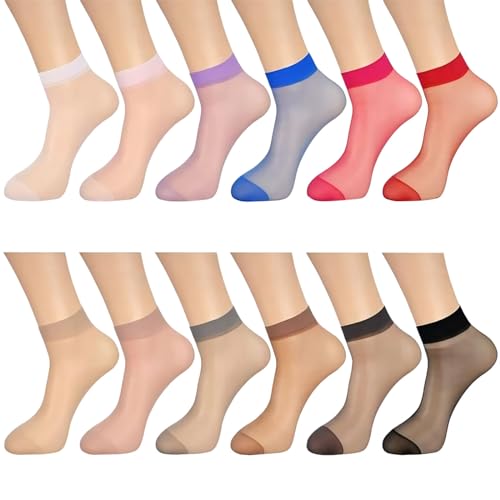 12 Paar transparente Söckchen, dünne, knöchelhohe Strumpfwaren, kurze Strümpfe für Damen Mädchen Socken Ohne Schwitzen (Black, One Size) von Generisch