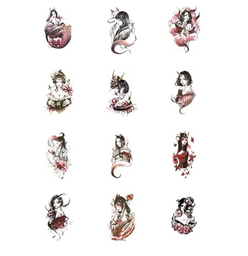 12 Stück Geisha-Tattoo-Aufkleber im japanischen Stil, bunt, für den Arm, temporäre Tattoos für Männer und Frauen, wasserfeste und langlebige Aufkleber, Fake Tattoos von Generisch