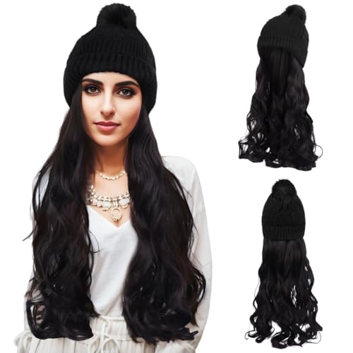 16 Curly Wavy Hair Beanie Wig With Pom Pom For Women Ribbed Knit Hat With Synthetic Hairpiece von Generisch
