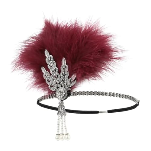 1920er Jahre Haarband Feder Flapper Stirnband Vintage Kostüm Kopfschmuck Party Feder Haarband für Frauen Weinrot von Generisch