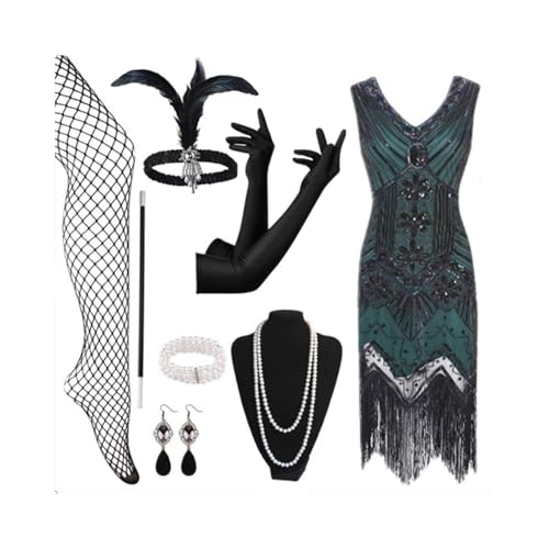1920er Kleider Damen mit 20er Jahre Accessoires, Charleston Kleid Perfektes Faschingskostüm, Fransen Kleid V-Ausschnitt Pailletten Perlen Fransen Kleider Paillettenkleid Vintage Glitzerkleid Damen von Generisch