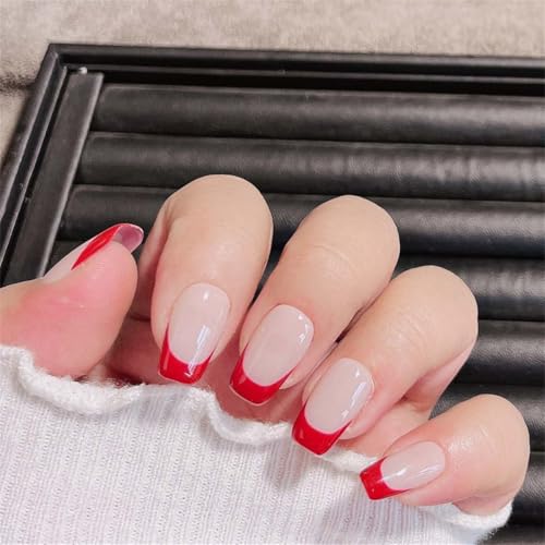 19843-XS Handgefertigte tragbare Nägel, minimalistische Nagelkunst-Dekoration, klassisch, rot, französische Manciure, für Damen und Mädchen, 10 Stück 19843-XS Handgefertigte tragbare Nägel, minimalistische Nagelkunst-Dekoration, klassisch, rot, französische Manciure, für Damen und Mädchen, 10 Stück von Generisch