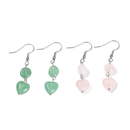2 Paar Ohrhänger mit Herzperlen Aus Natürlichem Edelstein, Rosenquarz und Grünem Aventurin, Trendiger Schmuck, Geschenk für Mama und Frau von Generisch