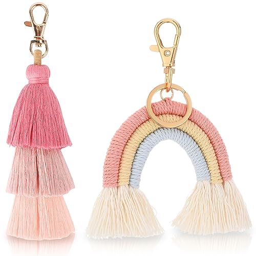 2 Stück Boho Regenbogen Schlüsselanhänger Pom Pom Quaste Tasche Charm Makramee Weben Regenbogen Quaste Schlüsselanhänger Regenbogen Tasche Anhänger Keychain für Frauen Mädchen Boho für Damen von Generisch