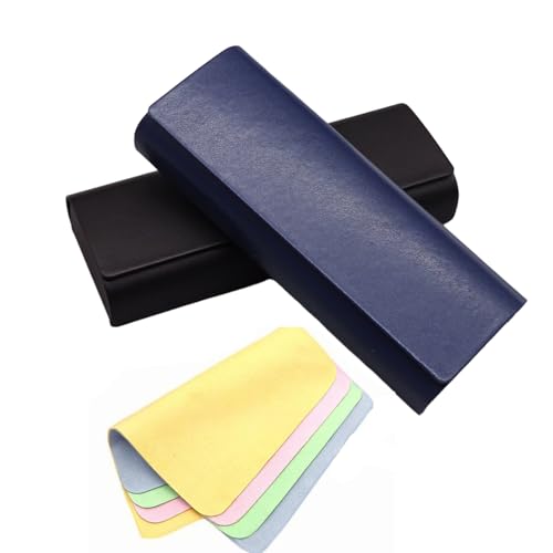 2 Stück Brillenetui Hardcase PU Leder Brillenbox für Sonnenbrille & Lesebrille – Etui für Damen & Herren, Blau, Schwarz, mit Mikrofaser Reinigungstuch (2) von Generisch