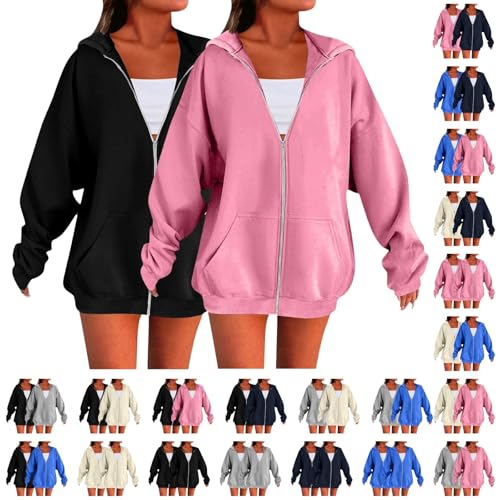 2 Stück Damen Kapuzenpullover Hoodie Sweatshirt-Jacke Oversize Frauen Langarm Sport Style Sweatjacke Mit Taschen Casual Einfarbig Pullover Oberteile 2025 Herbst Winter College Jacken Basic Bomberjacke von Generisch