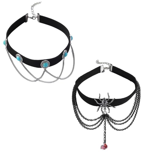 2 Stück Gothic Halloween Halsketten - Blaugrün Türkisähnlicher Anhänger mit Kette & Spinne Rot Kristall Choker Edgy Festliche Accessoires von Generisch