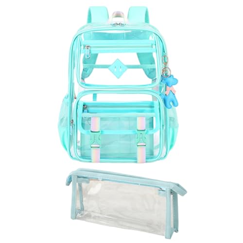 2 Stück Klares Rucksack Set für Teen Mädchen - Transparente PVC Schulranzen mit passendem Federmäppchen Wasserdicht 5 Fächer Verstellbare Träger 5 Farben, mintgrün, 2-teiliges transparentes von Generisch