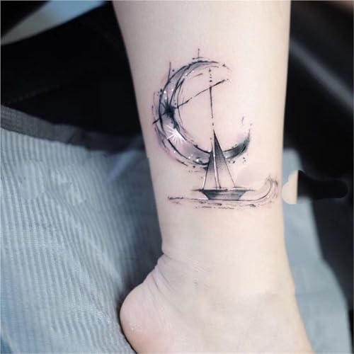 2 Stück Mond auf den Wellen Segelboot Knöchelarm Männer und Frauen temporäre Tattoo-Aufkleber, wasserdichte langlebige Aufkleber, gefälschte Tattoos von Generisch