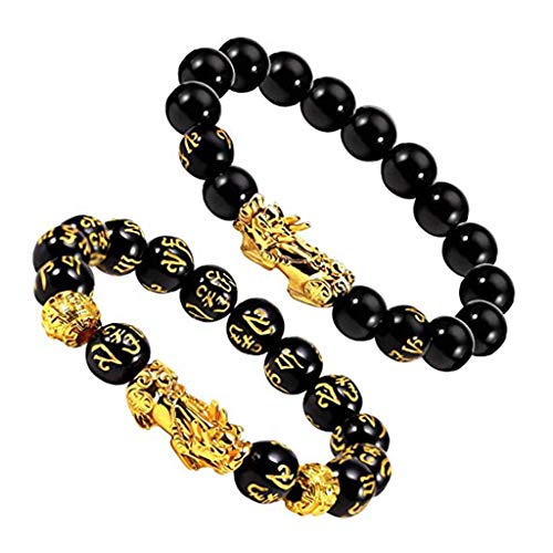 2 Stücke FengShui Armband für Reichtum und Glück, Feng Shui aus schwarzem Obsidian, Pixiu-Reichtumsarmband, Wohlstands-Buddha-Perlen, elastisches Armband für Frauen und Männer von Generisch