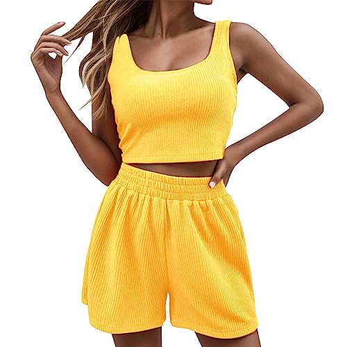 2 Teiler Damen Sommer, Zweiteiler Damen Sommer Hosenanzug Elegant Outfits Kleidung 2 Teiler Set Crop Tank Top + Shorts Y2k ärmelloses Yoga Set Workout Sport Anzug Gelb von Generisch