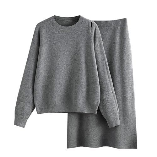 2 Teiler Damen Winter Mit Rock Lang | Strick Set Zweiteiler Große Größe Rundhalsausschnitt Strickpullover Langarmshirt Einfarbige Pulli Hohe Taille Bleistiftrock Weiche Strickrock von Generisch