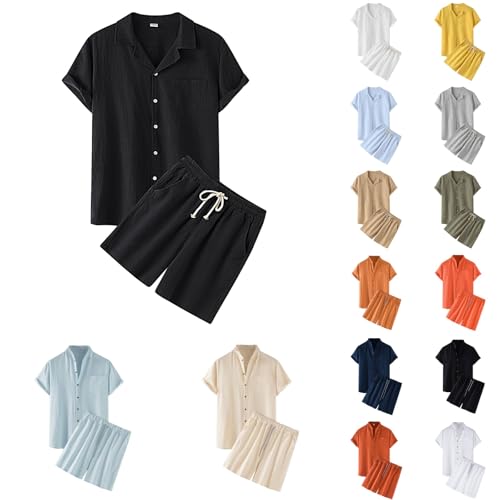 2 Teiler Herren Sommer Einfarbig Musselin Sportanzug Leinenanzug Zweiteiliges Kurzarm Knopf Button-Up Revers Hemd und Shorts Set Männer Trainingsanzug Hawaii Anzug Outfit Sweat Activewear von Generisch