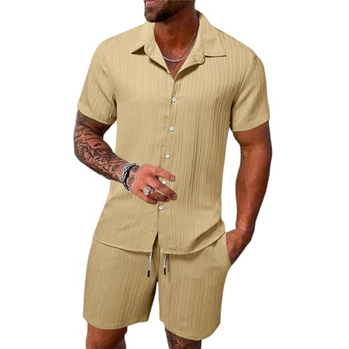 2 Teiler Herren Sommer Leinenanzug Einfarbig Zweiteiliges Kurzarm Button-Up Revers Hemd und Shorts Set Jogginganzug Trainingsanzug Hawaii Anzug Locker Luftig Strandanzug Bequeme Outerdooranzug von Generisch