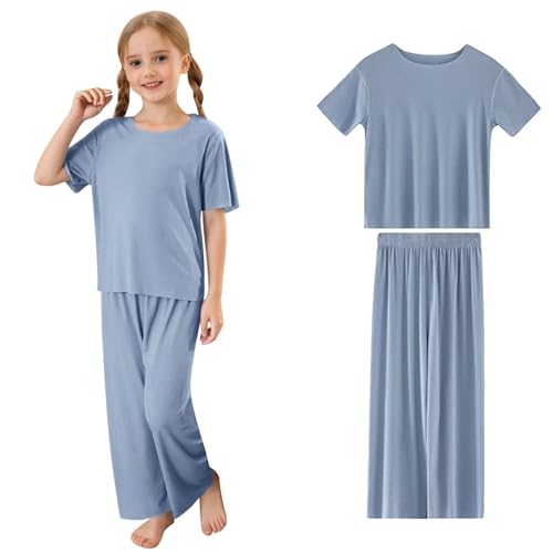 2 Teiler Schlafanzug Mädchen 164 Sommer Tshirt Und Lange Hose Hausanzug Kinder Dünn Eisseide Pyjama Set Nachtwäsche Marineblau Zweiteilige Schlafanzüge Rippstrick Pyjamaset Loungewear Sleepwear von Generisch
