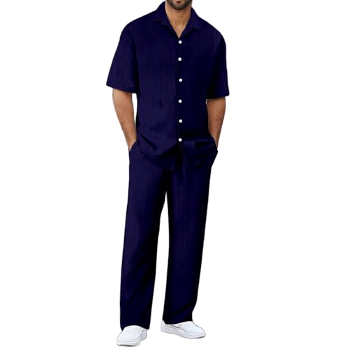 2 Teiler Sommer Outfit Herren Baumwolle Gestreift Lang Hoseanzug Weicher Hausanzug Zweiteiler Button Down Revers Hemd Kurzarm Hose Atmungsaktiv Strandanzug Einfache Sportswear Freizeitanzug Herren von Generisch