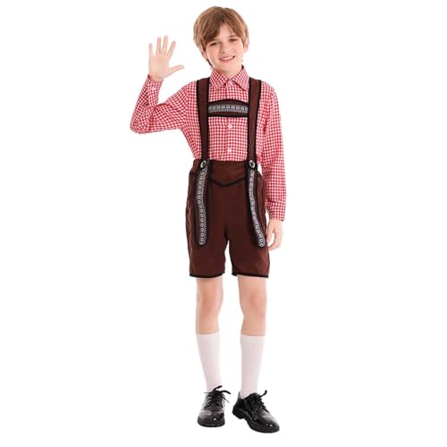 2 Teilig Trachtenset Kinder Oktoberfest Kostüm Set, Kariert Trachtenhemd Jungen, mit Lederhosen Kinder, Kleidung Bayerlsches für Oktoberfest, Volksfest von Generisch