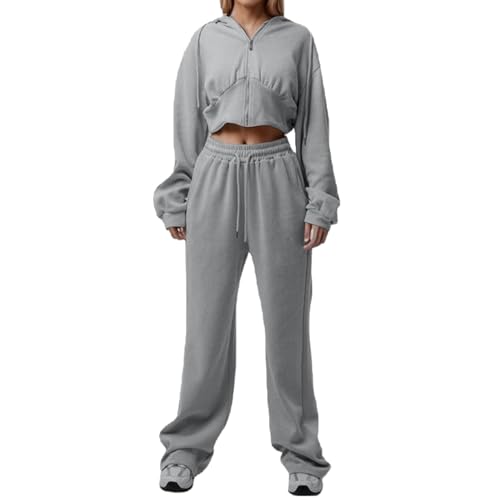 2 Teiliges Damen Jogginganzug Hoodie + Elastische Taille Sportshose Baggy Zweiteiler Sportanzug Trainingsanzug Sport Outfit Tracksuit für Teenager Mädchen Winter Hoody Pullover Langarmshirt Sportswear von Generisch