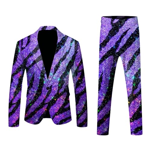 2-Teiliges Herren Anzug Disco Party Kostüm Karneval Glänzende Jacke Und Hose Metallic Glitzer Anzug Herren 70er Jahre Langarm Glänzend Pailletten Cosplay Outfit Paillettenanzüge von Generisch