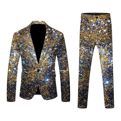 2-Teiliges Herren Anzug Disco Party Kostüm Karneval Glänzende Jacke Und Hose Metallic Glitzer Anzug Herren 70er Jahre Langarm Glänzend Pailletten Cosplay Outfit Paillettenanzüge von Generisch